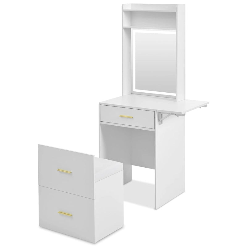 Small Vanity Desk with Mirror and Light, Makeup Table with Fold-up Panel, 3 in 1 Vanity Set with Hidden Stool