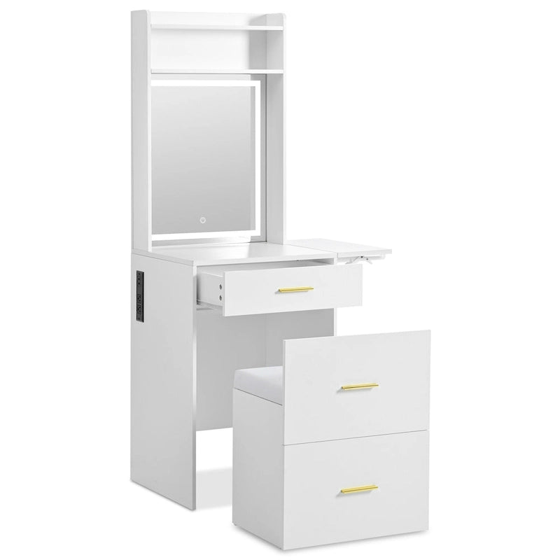 Small Vanity Desk with Mirror and Light, Makeup Table with Fold-up Panel, 3 in 1 Vanity Set with Hidden Stool