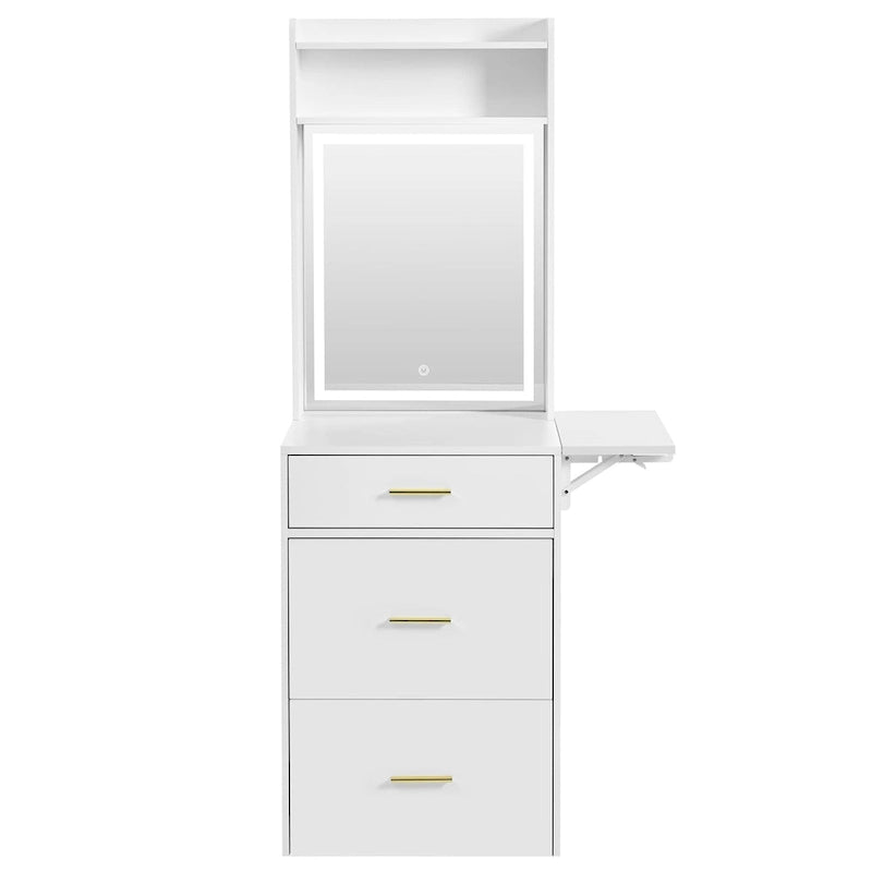 Small Vanity Desk with Mirror and Light, Makeup Table with Fold-up Panel, 3 in 1 Vanity Set with Hidden Stool