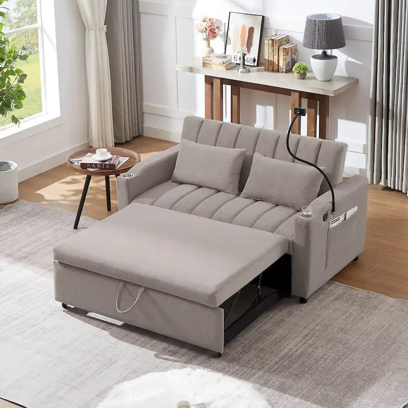 Roomfitters Convertible Loveseat Sofa Bed with USB Ports, Side Pockets, Cup Holders, and Swivel Phone Holder for Living Room