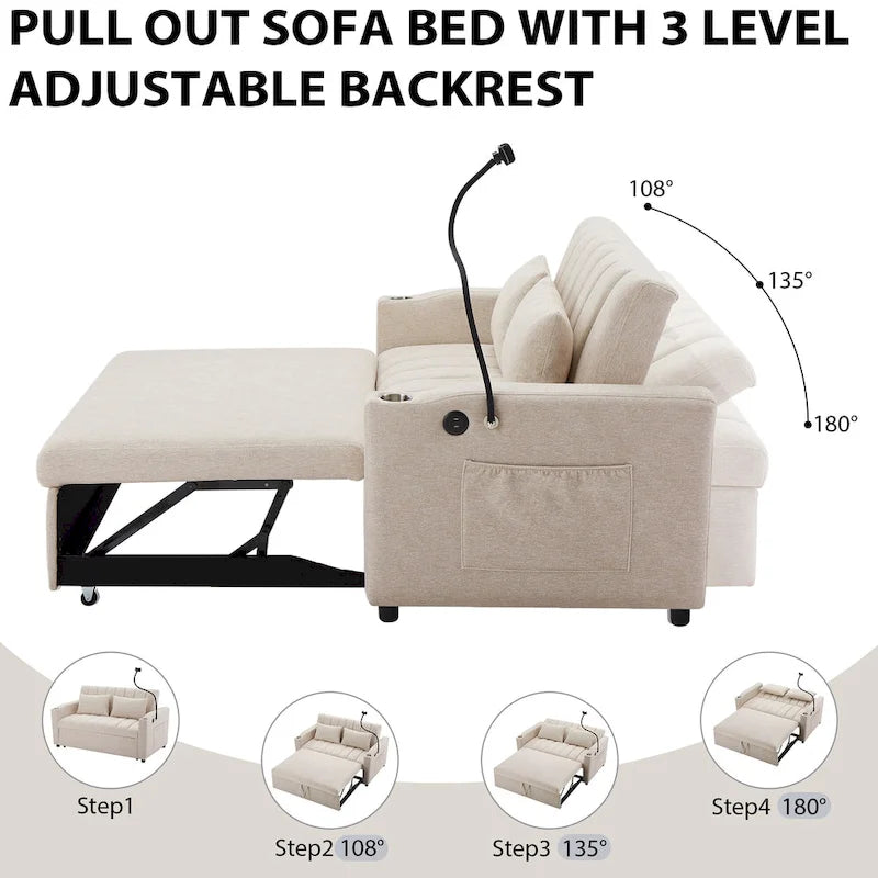 Roomfitters Convertible Loveseat Sofa Bed with USB Ports, Side Pockets, Cup Holders, and Swivel Phone Holder for Living Room
