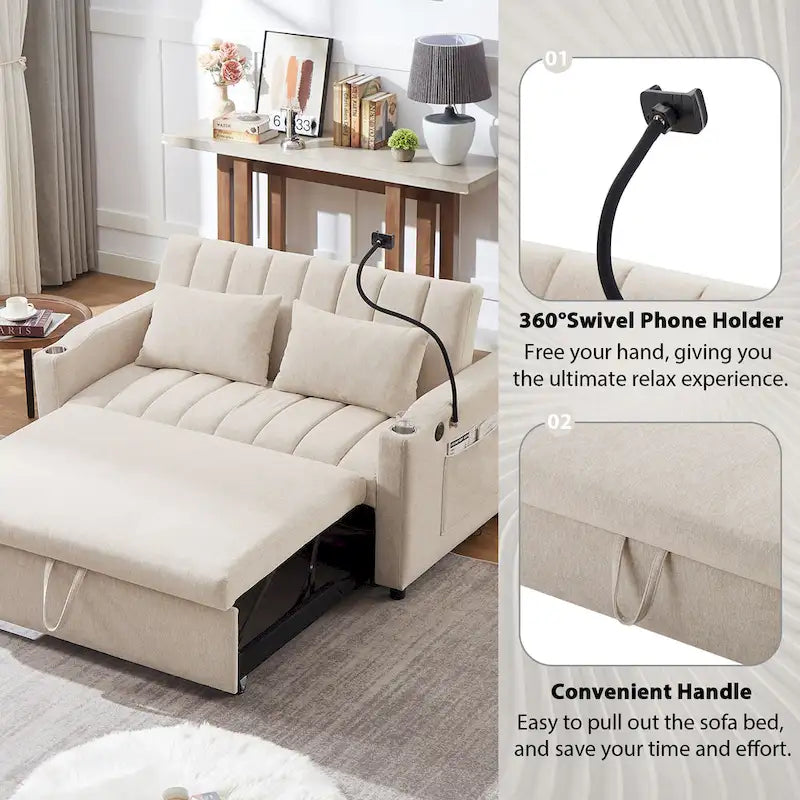 Roomfitters Convertible Loveseat Sofa Bed with USB Ports, Side Pockets, Cup Holders, and Swivel Phone Holder for Living Room