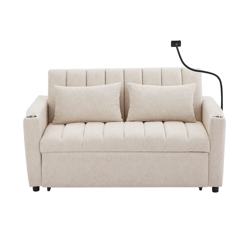 Roomfitters Convertible Loveseat Sofa Bed with USB Ports, Side Pockets, Cup Holders, and Swivel Phone Holder for Living Room