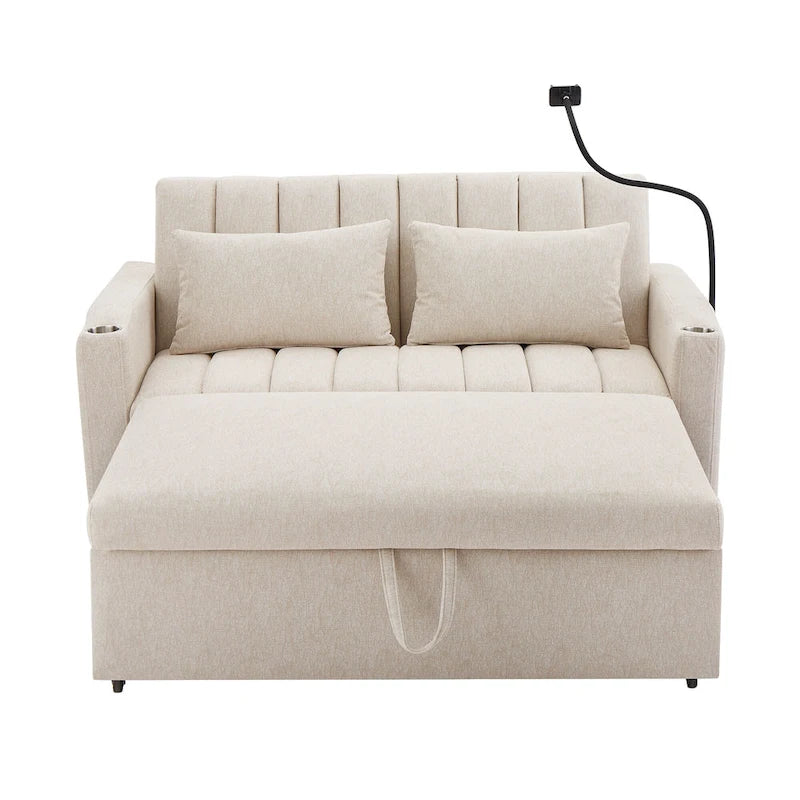 Roomfitters Convertible Loveseat Sofa Bed with USB Ports, Side Pockets, Cup Holders, and Swivel Phone Holder for Living Room