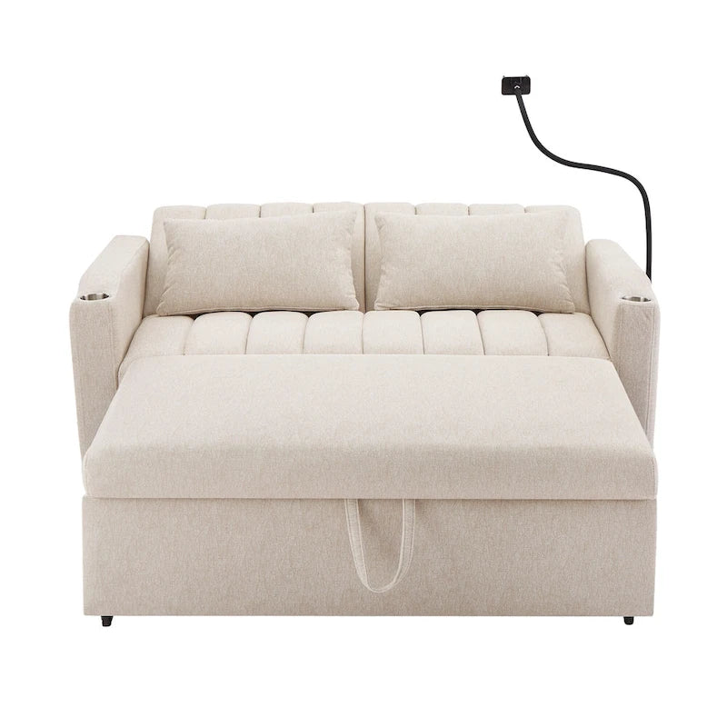 Roomfitters Convertible Loveseat Sofa Bed with USB Ports, Side Pockets, Cup Holders, and Swivel Phone Holder for Living Room