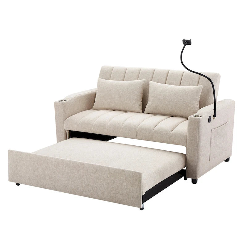 Roomfitters Convertible Loveseat Sofa Bed with USB Ports, Side Pockets, Cup Holders, and Swivel Phone Holder for Living Room