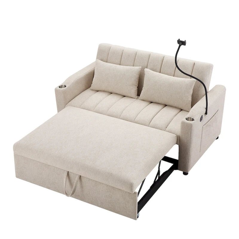 Roomfitters Convertible Loveseat Sofa Bed with USB Ports, Side Pockets, Cup Holders, and Swivel Phone Holder for Living Room