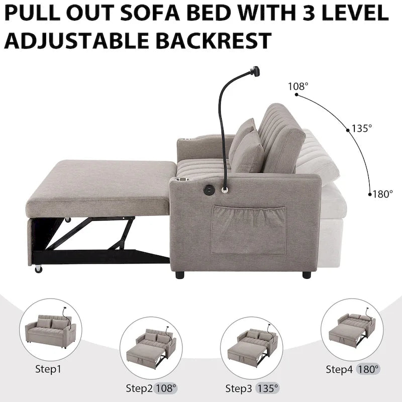 Roomfitters Convertible Loveseat Sofa Bed with USB Ports, Side Pockets, Cup Holders, and Swivel Phone Holder for Living Room