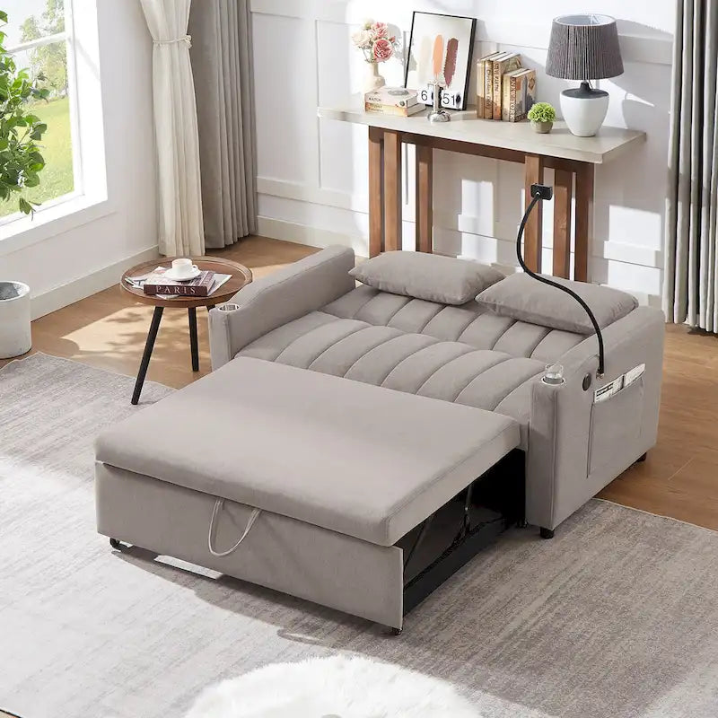 Roomfitters Convertible Loveseat Sofa Bed with USB Ports, Side Pockets, Cup Holders, and Swivel Phone Holder for Living Room