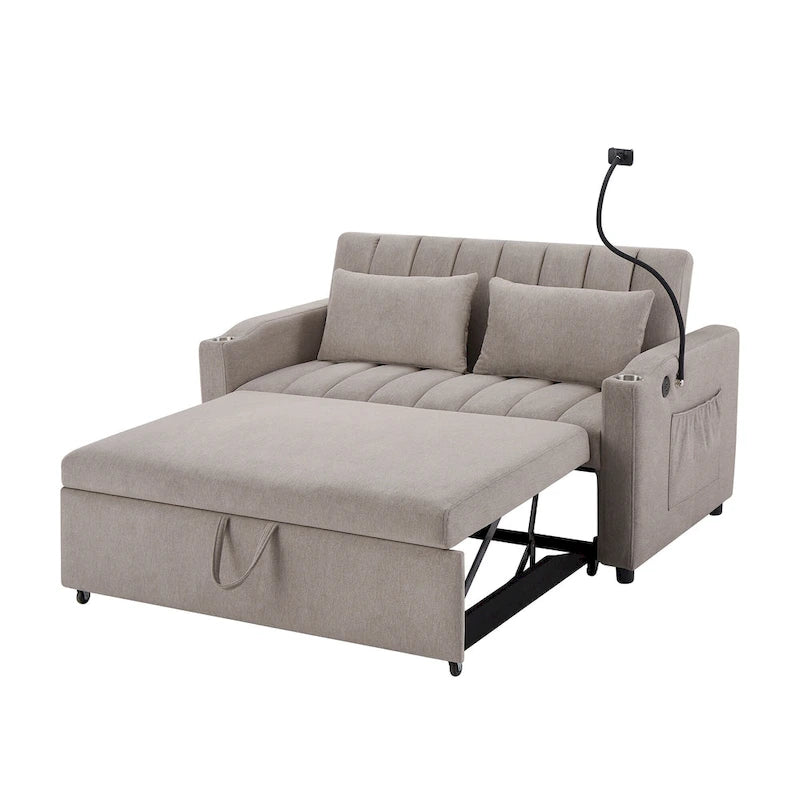 Roomfitters Convertible Loveseat Sofa Bed with USB Ports, Side Pockets, Cup Holders, and Swivel Phone Holder for Living Room