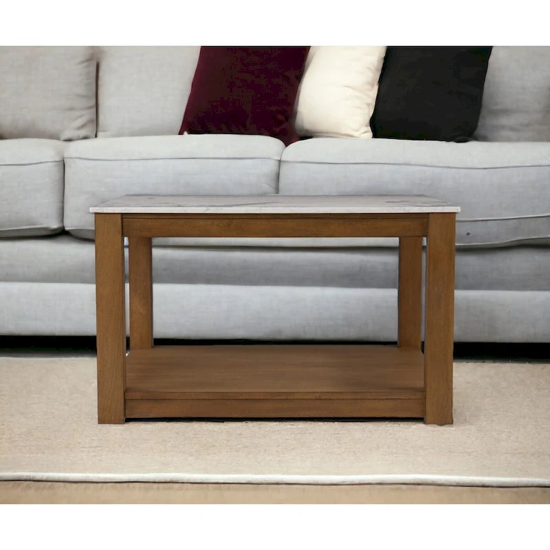 30  Contemporary Wooden Coffee Table with Faux Marble Top and Storage Shelves for Living Room - 18.25  H x 30  W x 30  D