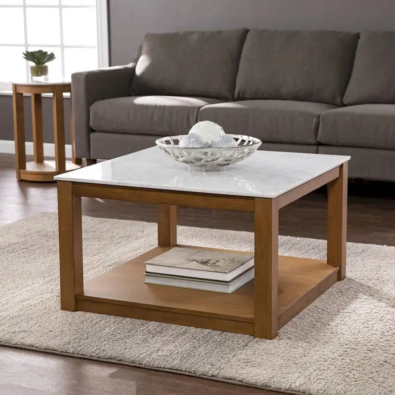 30  Contemporary Wooden Coffee Table with Faux Marble Top and Storage Shelves for Living Room - 18.25  H x 30  W x 30  D