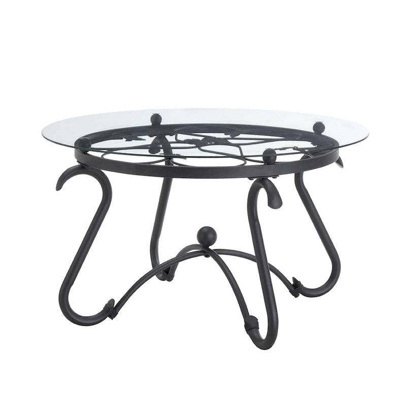 2-Piece Tempered Glass Coffee Table, Rustic Round Decor Table with Side Table for Living Room, Black
