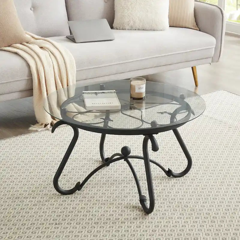 2-Piece Tempered Glass Coffee Table, Rustic Round Decor Table with Side Table for Living Room, Black