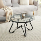 2-Piece Tempered Glass Coffee Table, Rustic Round Decor Table with Side Table for Living Room, Black