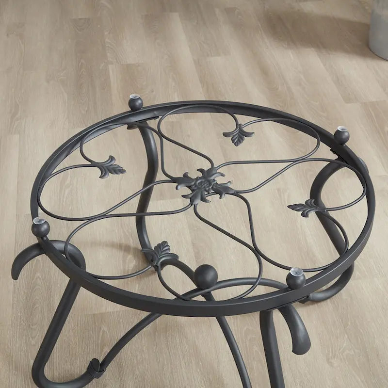 2-Piece Tempered Glass Coffee Table, Rustic Round Decor Table with Side Table for Living Room, Black