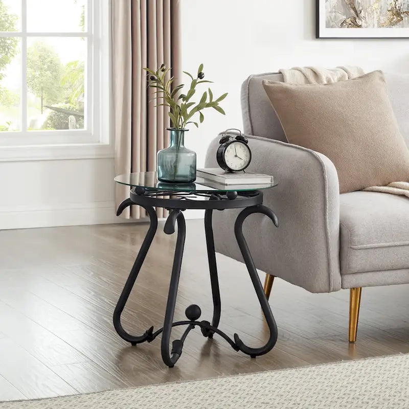 2-Piece Tempered Glass Coffee Table, Rustic Round Decor Table with Side Table for Living Room, Black