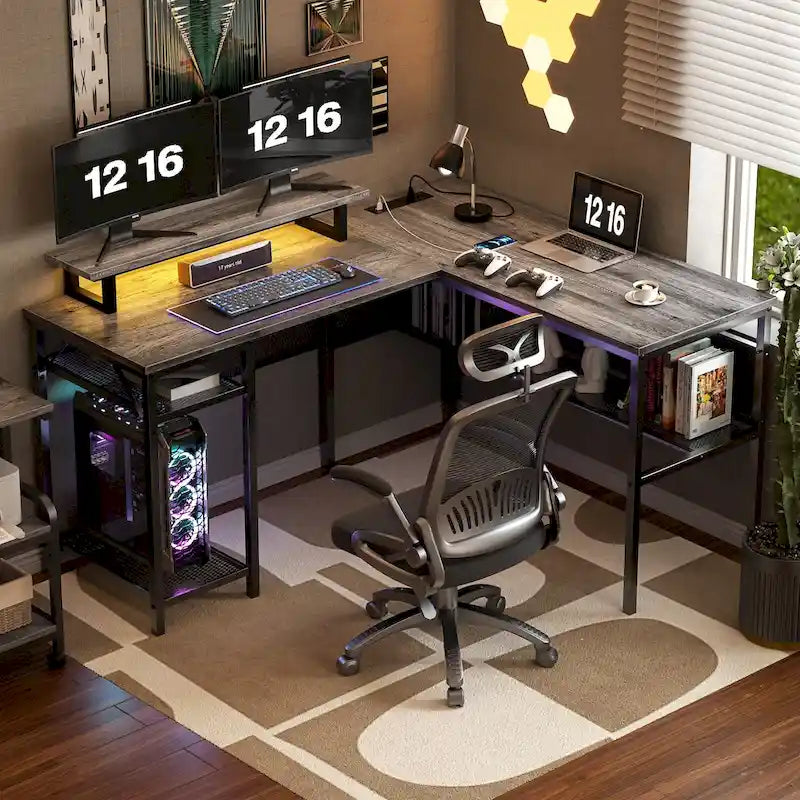 Computer Desk L-shaped Desk with Power Outlets and RGB LED and Monitor Stand