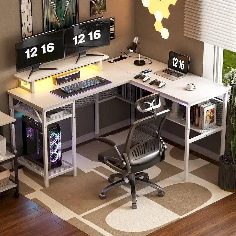 Computer Desk L-shaped Desk with Power Outlets and RGB LED and Monitor Stand