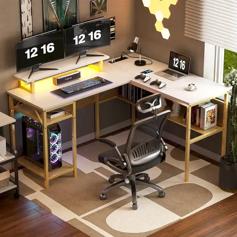 Computer Desk L-shaped Desk with Power Outlets and RGB LED and Monitor Stand