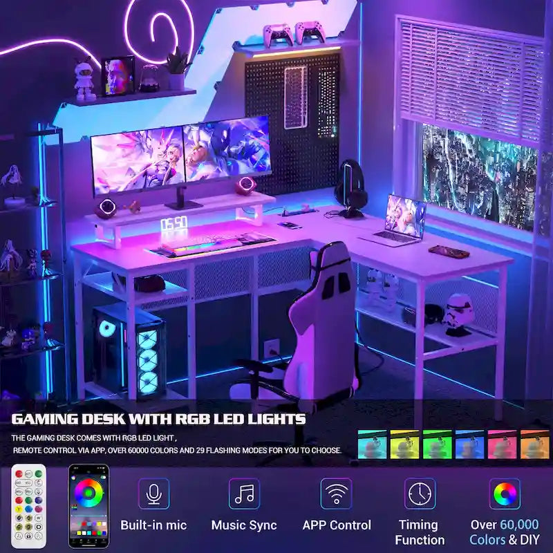 Computer Desk L-shaped Desk with Power Outlets and RGB LED and Monitor Stand
