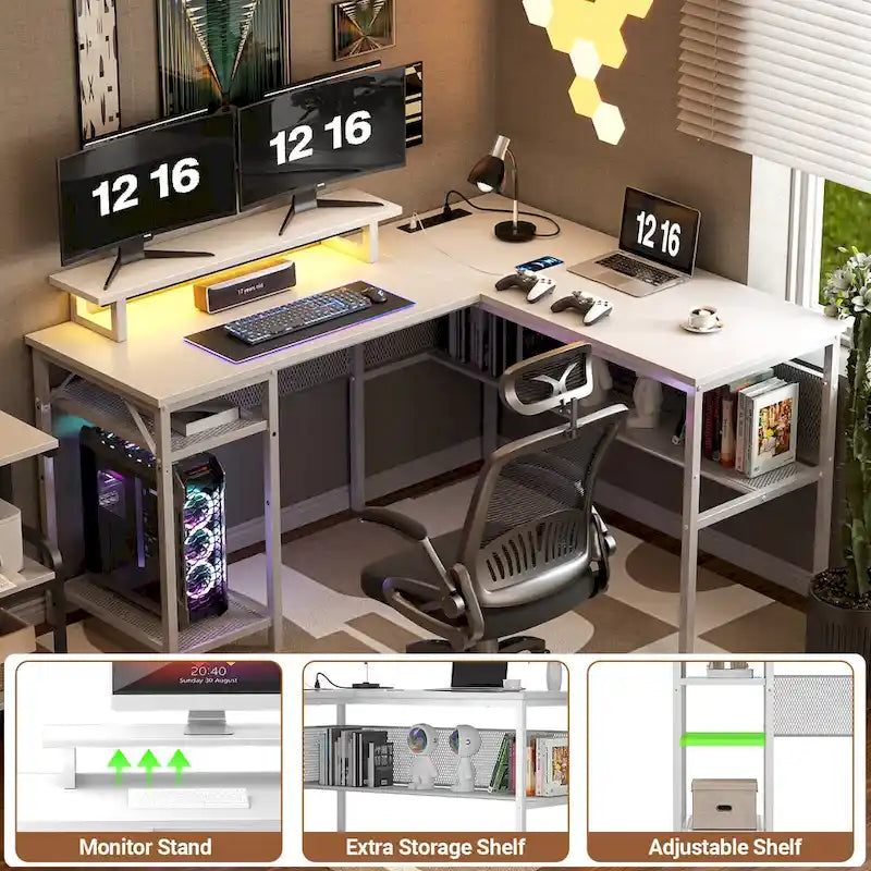 Computer Desk L-shaped Desk with Power Outlets and RGB LED and Monitor Stand