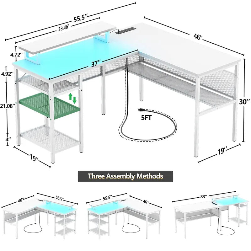 Computer Desk L-shaped Desk with Power Outlets and RGB LED and Monitor Stand