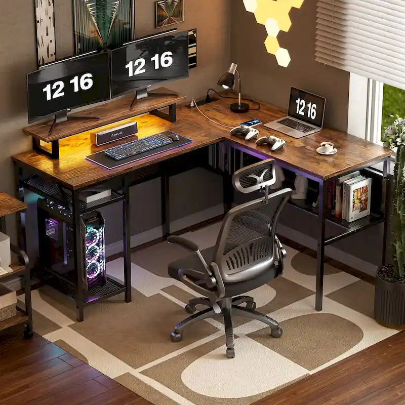 Computer Desk L-shaped Desk with Power Outlets and RGB LED and Monitor Stand