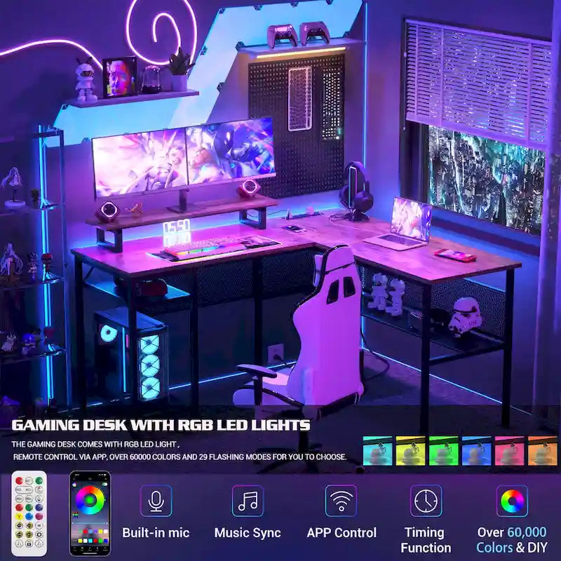 Computer Desk L-shaped Desk with Power Outlets and RGB LED and Monitor Stand