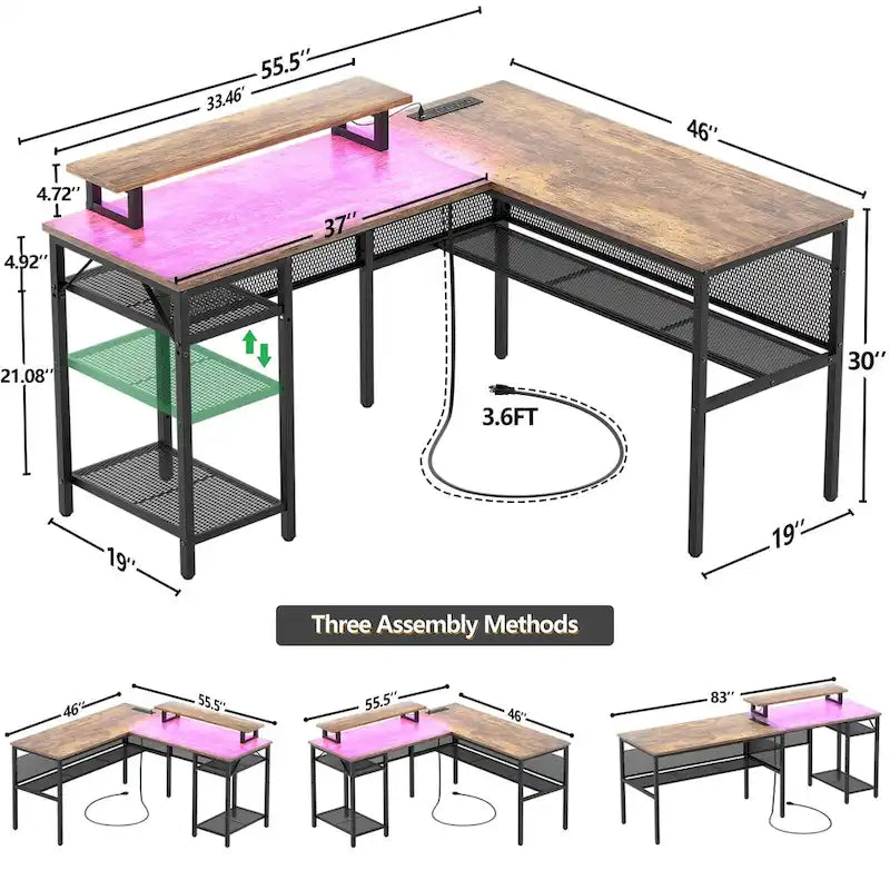 Computer Desk L-shaped Desk with Power Outlets and RGB LED and Monitor Stand