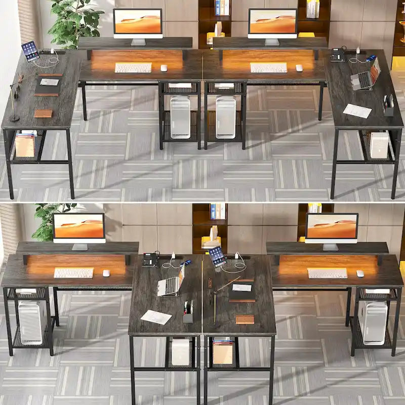 Computer Desk L-shaped Desk with Power Outlets and RGB LED and Monitor Stand