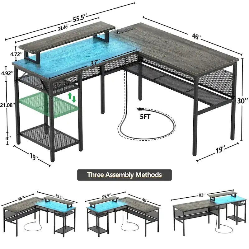 Computer Desk L-shaped Desk with Power Outlets and RGB LED and Monitor Stand