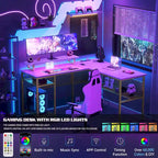 Computer Desk L-shaped Desk with Power Outlets and RGB LED and Monitor Stand