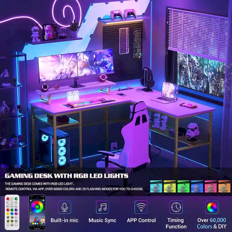 Computer Desk L-shaped Desk with Power Outlets and RGB LED and Monitor Stand