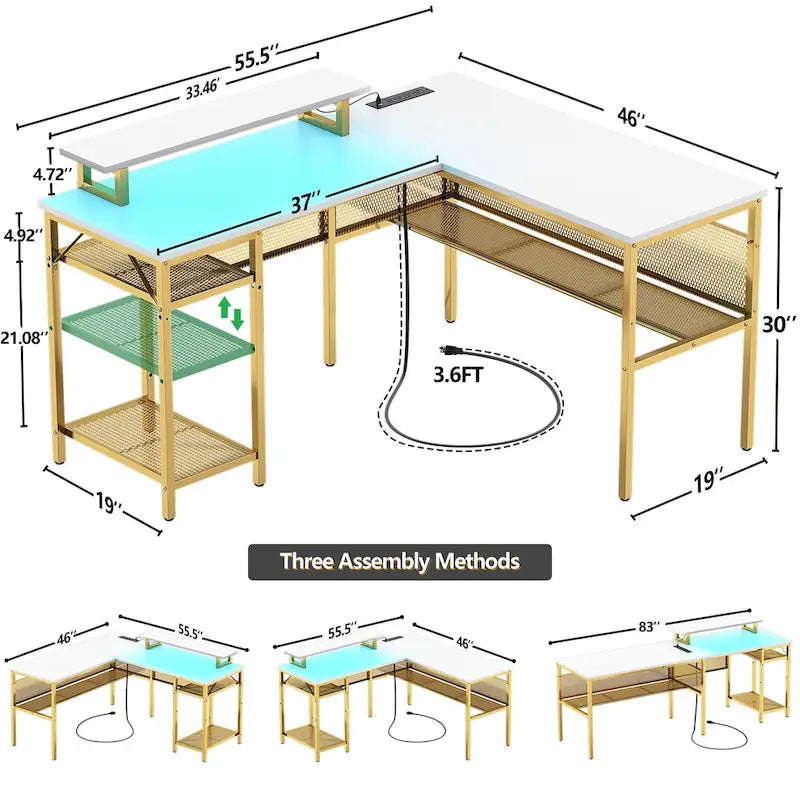 Computer Desk L-shaped Desk with Power Outlets and RGB LED and Monitor Stand