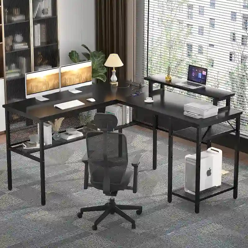 Computer Desk L-shaped Desk with Power Outlets and RGB LED and Monitor Stand