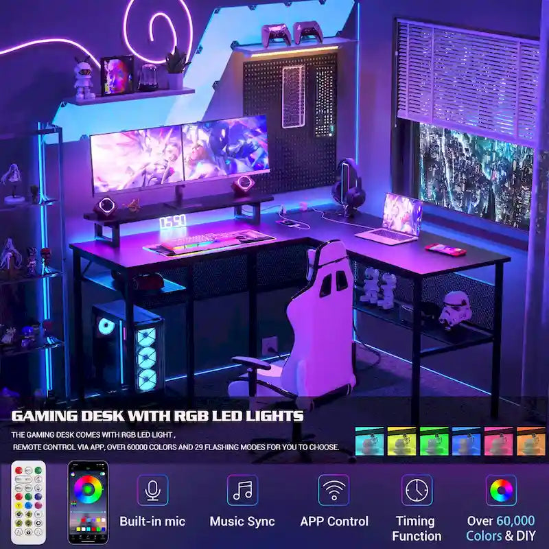 Computer Desk L-shaped Desk with Power Outlets and RGB LED and Monitor Stand