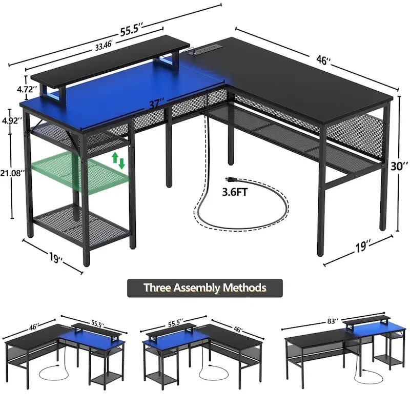 Computer Desk L-shaped Desk with Power Outlets and RGB LED and Monitor Stand