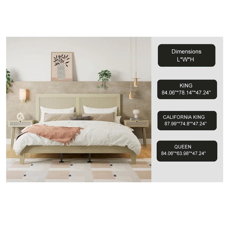 Solid Wood Platform King Bed With Rattan