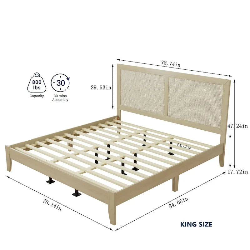 Solid Wood Platform King Bed With Rattan