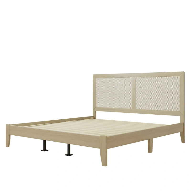 Solid Wood Platform King Bed With Rattan