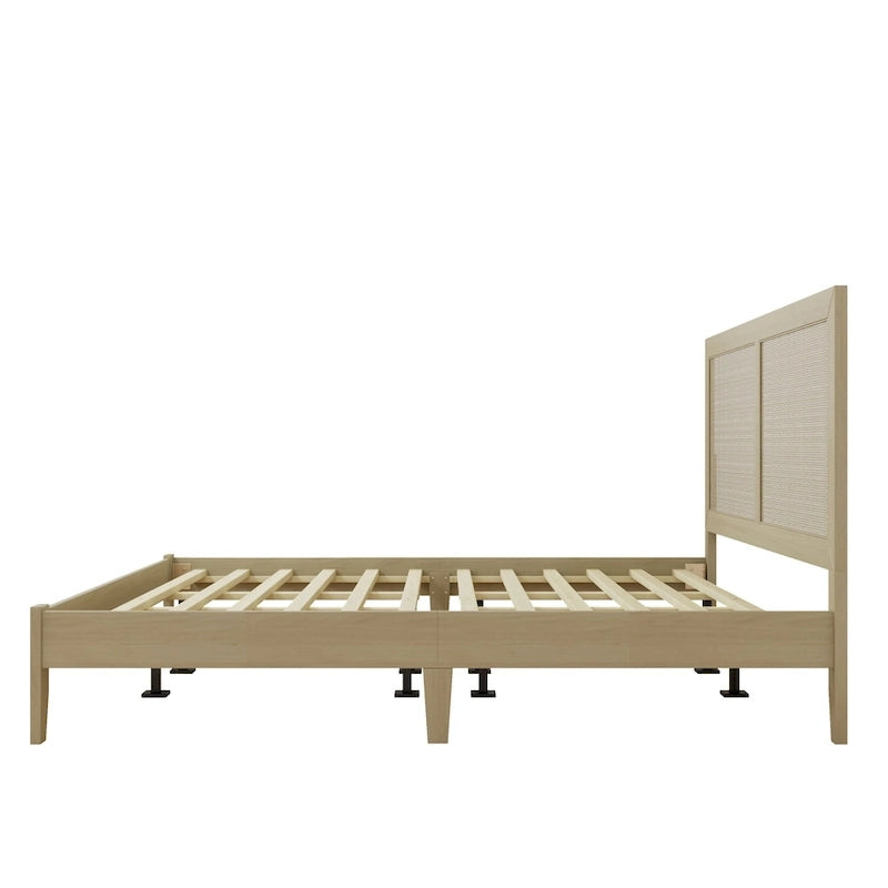 Solid Wood Platform King Bed With Rattan