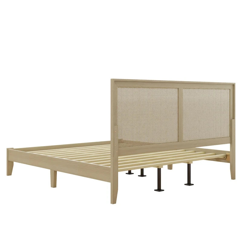 Solid Wood Platform King Bed With Rattan