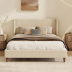 Cream Velvet Upholstered Frame Bed with Wingback Headboard and Walnut Wooden Legs, No Box Spring Needed Low Profile Platform Bed