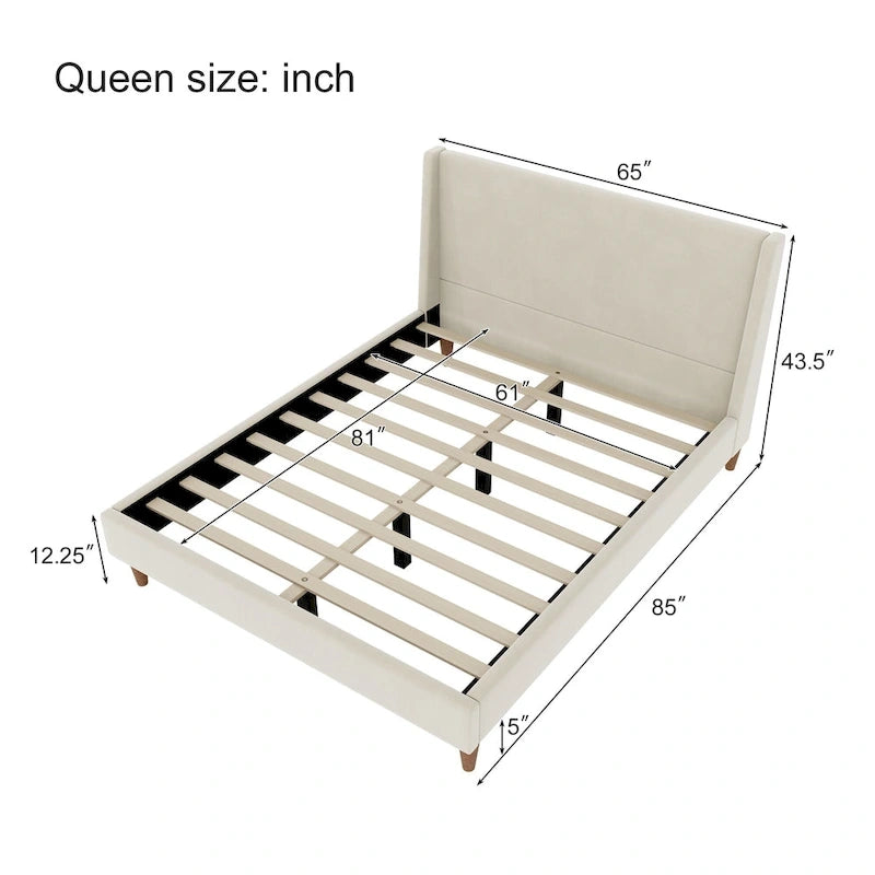 Cream Velvet Upholstered Frame Bed with Wingback Headboard and Walnut Wooden Legs, No Box Spring Needed Low Profile Platform Bed