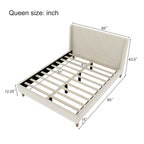 Cream Velvet Upholstered Frame Bed with Wingback Headboard and Walnut Wooden Legs, No Box Spring Needed Low Profile Platform Bed