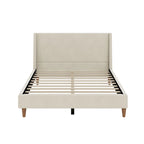 Cream Velvet Upholstered Frame Bed with Wingback Headboard and Walnut Wooden Legs, No Box Spring Needed Low Profile Platform Bed