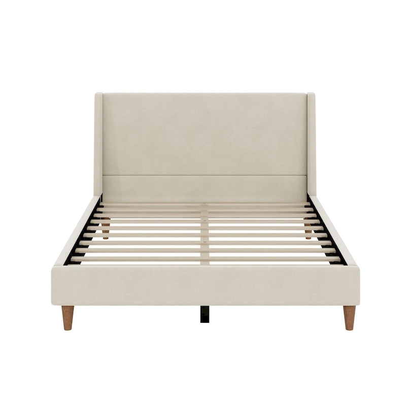 Cream Velvet Upholstered Frame Bed with Wingback Headboard and Walnut Wooden Legs, No Box Spring Needed Low Profile Platform Bed