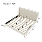 Cream Velvet Upholstered Frame Bed with Wingback Headboard and Walnut Wooden Legs, No Box Spring Needed Low Profile Platform Bed