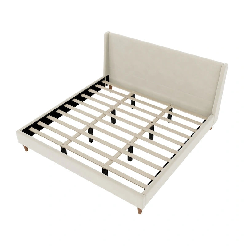 Cream Velvet Upholstered Frame Bed with Wingback Headboard and Walnut Wooden Legs, No Box Spring Needed Low Profile Platform Bed